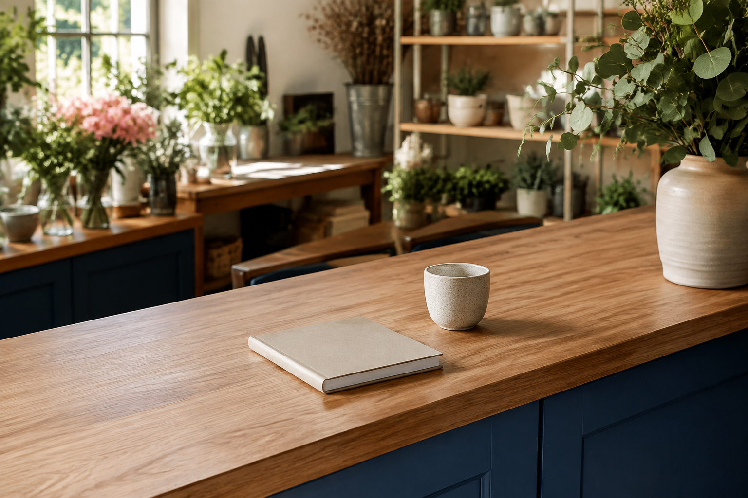 A sunlit business reception counter with a notebook, warm wood, and navy cabinetry