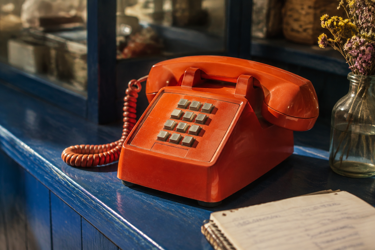 A desk phone and appointment book on a shop counter
